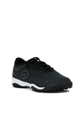 Zapatillas de fútbol 5 Lotto Minza-TF, color negro con suela de goma blanca y tapones pequeños ideales para césped sintético.