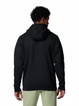 Buzo con capucha Columbia, modelo Meridian Creek, de color negro. Presenta un diseño clásico con bolsillo frontal tipo canguro, puños y dobladillo acanalados, y el logo de la marca bordado en el pecho.