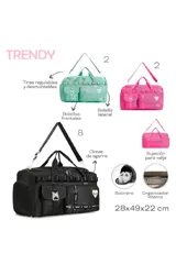 Bolso deportivo tipo duffel bag negro, con múltiples bolsillos frontales con tapa y correas ajustables. Incluye un dije de corazón blanco y cintas con la palabra "TRENDY" repetida.