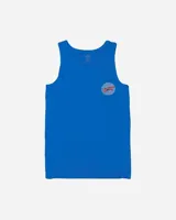 Musculosa azul con pequeño estampado circular en el pecho y diseño sin mangas.