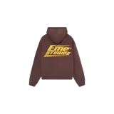 Hoodie oversize color marrón de Eme Studios, con capucha y gran estampado gráfico amarillo en la espalda con la inscripción "Eme Studios".