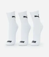 Kit de tres pares de medias deportivas Puma blancas con logo negro.