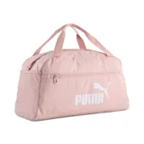 Bolso deportivo Puma modelo Phase Small, color rosa, con cierre principal, bolsillo frontal con cierre y compartimento lateral de malla. Incluye asas de mano y logo de la marca estampado en blanco.