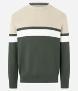 Suéter de punto con diseño de bloques de color horizontal en tonos beige, blanco y verde oscuro, cuello redondo y manga larga.