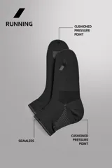 Pack de dos pares de calcetines deportivos de corte bajo, confeccionados en tejido técnico elástico con zonas de ventilación y refuerzos en talón y puntera.