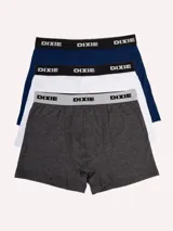 Pack de tres bóxers Dixie de corte clásico, en colores gris melange, blanco y azul marino, con cintura elástica con el nombre de la marca en contraste.
