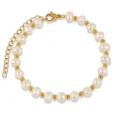 Pulsera de acero quirúrgico con baño de oro 18k, con perlas naturales de agua dulce y esferas doradas.