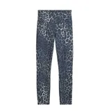 Calza deportiva Puma modelo W Tad Essential Spotted Haze Tight, de tiro alto y diseño ajustado, con estampado de animal print en tonos grises y violeta oscuro.