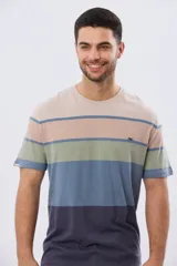 Remera de manga corta y cuello redondo, con diseño de bloques de color y franjas horizontales en tonos azul, celeste y gris, con pequeño logo bordado en el pecho.