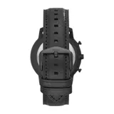 Reloj Fossil Neutra para hombre, con caja redonda de acero inoxidable color negro, esfera negra con números romanos en la posición de las 12 y las 6, agujas plateadas luminiscentes, tres subesferas, indicador de fecha y correa de cuero negro.
