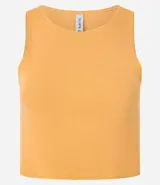 Top cropped sin mangas, color marrón oscuro, de corte ajustado al cuerpo y cuello redondo. Presenta textura acanalada.