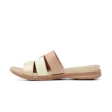 Sandalia plana Usaflex modelo Cecile, de cuero en tonos nude, beige y marfil, con tiras cruzadas y suela baja texturizada.
