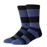 Medias Stance modelo Fred Crew de diseño a rayas horizontales en color negro y azul, con puntera violeta y talón reforzado.