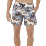 Short de baño Rip Curl modelo Dreamers, con estampado tropical de palmeras y atardecer en tonos celestes, beige y negros. Cuenta con cintura elástica con cordón de ajuste negro y bolsillos laterales.