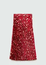Falda midi plisada de tejido satinado con diseño evasé y estampado geométrico en tonos rojos y beige. Cuenta con cierre de cremallera invisible en el lateral.