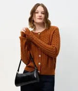 Cárdigan de punto trenzado color marrón, con cuello redondo, manga larga y cierre frontal con botones metálicos. Presenta puños y ruedo acanalados.