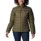 Campera técnica Columbia modelo Delta Ridge II, color verde oliva. Presenta diseño acolchado con tecnología HeatSeal sin costuras, cierre frontal completo, cuello alto con protector de barbilla y bolsillos laterales con cierre.