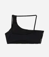Top de bikini asimétrico de un solo hombro, color negro con bordado de conchas en tono claro, confeccionado en poliamida y elastano con forro de poliéster.