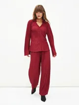 Camisa negra con textura plisada, cuello clásico, escote en V y mangas largas.