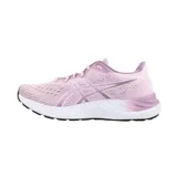 Championes de running Asics modelo Gel-Excite 8, color negro con detalles en lila y blanco. Presentan tecnología AmpliFoam en la entresuela para mayor amortiguación y diseño de malla transpirable.