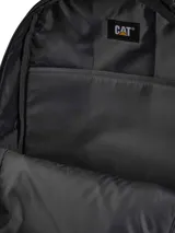 Mochila Cat modelo Explorer de diseño funcional en color negro. Cuenta con compartimento principal con espacio acolchado para laptop, bolsillo frontal con cierre, bolsillos laterales de malla y detalles de cordones en contraste. Incluye correas acolchadas, panel trasero ergonómico y logotipo reflectante.