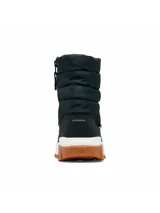 Bota de nieve Columbia modelo Snowtrot Mid, color negro, con diseño acolchado, entresuela blanca y suela de goma dentada color caramelo. Cuenta con tecnología de aislamiento térmico y forro interior para mayor calidez.