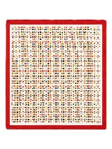 Pañuelo cuadrado con estampado geométrico de letras H en colores variados sobre fondo blanco y borde rojo.