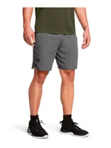 Short deportivo Under Armour Vanish Woven, color gris, con diseño ultraligero y transpirable. Cuenta con bolsillos laterales, cintura elástica con cordón ajustable y aberturas en el bajo para mayor movilidad.