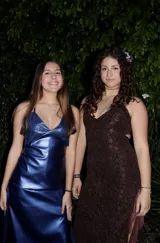 Vestido largo azul satinado de corte bajo el busto, con escote en V, tirantes finos cruzados en la espalda y falda larga con tajo.