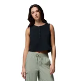 Musculosa deportiva corta de color negro con cierre frontal parcial de botones a presión y dobladillo ajustable con cordón elastizado. Incorpora tecnología de enfriamiento Omni-FREEZE.