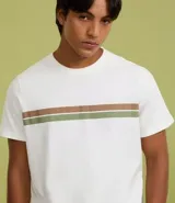 Remera de algodón con cuello redondo, mangas cortas y corte regular. Presenta un diseño con franjas horizontales en tonos contrastantes en la parte superior del pecho.
