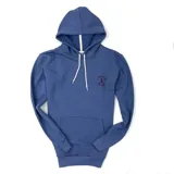 Canguro azul con capucha y cordones blancos, bolsillo tipo canguro y logo bordado en el pecho.