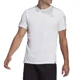Remera deportiva Adidas Own The Run, color blanco con tres tiras plateadas en las mangas.