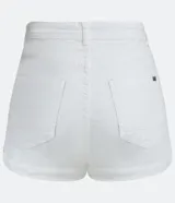 Short de sarga color celeste, de corte ajustado y cintura alta, con cierre frontal y bolsillos laterales.