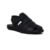 Sandalia franciscana de cuero color ébano, con pulsera al tobillo y ajuste de velcro.