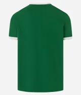 Remera de algodón color celeste con cuello redondo y bordes de mangas en color blanco. Presenta diseño de rayas dobles blancas en los hombros y mangas.