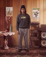 Buzo de cuello redondo con efecto de lavado stone wash, confeccionado en tejido de algodón y poliéster con interior de felpa. Presenta un estampado frontal con golondrinas y monedas con la inscripción Kaboa.