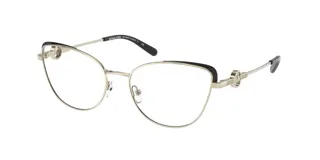 Armazón para lentes Michael Kors modelo 3058B, color dorado con detalles en negro en la parte superior del frente y en los extremos de las patillas.