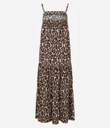 Vestido midi evasê sin mangas, con breteles finos, escote recto, lastex en la espalda y ruedo con recortes fruncidos. Estampado con animal print de leopardo.