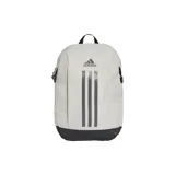 Mochila Adidas Power color gris claro con base negra y logo de Adidas con tres rayas horizontales en gris oscuro.