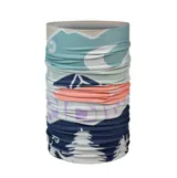 Cuello multifuncional Buff de la línea Thermonet, con diseño estampado de paisajes montañosos y árboles en tonos azul, verde, rosa y blanco. Fabricado con fibras aislantes PrimaLoft y tejido elástico sin costuras que gestiona la humedad.