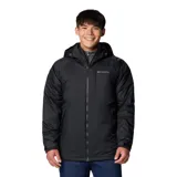 Campera técnica de invierno Columbia, color negro, con tecnología Omni-Heat y Omni-Tech. Cuenta con capucha ajustable, cierre frontal completo, bolsillos laterales con cremallera y bolsillo en el pecho con cierre sellado.