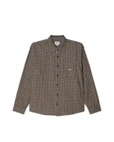 Camisa de manga larga Obey con estampado de cuadros vichy en tonos marrón y beige. Presenta cierre frontal de botones, cuello clásico y un bolsillo en el pecho con el logo de la marca bordado.