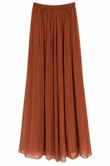 Pantalón estilo palazzo de tiro alto y diseño fluido, confeccionado en tejido semitransparente color terracota, con cintura elastizada fruncida y perneras amplias.