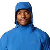 Campera impermeable Columbia con tecnología Omni-Tech, diseñada para senderismo. Presenta capucha ajustable, cierre frontal con solapa, ventilación en axilas, bolsillos con cremalleras resistentes al agua y puños ajustables.