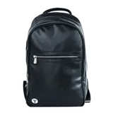 Mochila negra de cuero sintético con doble cierre plateado y logo de la marca en la parte inferior.