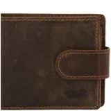 Billetera para hombre confeccionada en cuero natural de tono café, con diseño plegable y cierre mediante broche. Presenta costuras reforzadas en los bordes y un logo grabado en la parte inferior derecha.
