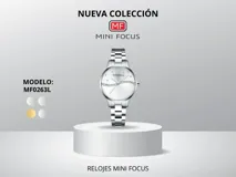 Reloj de pulsera Mini Focus modelo MF0263L para mujer, con caja plateada de aleación de zinc, movimiento de cuarzo japonés, esfera blanca con detalles de strass y pulsera de acero inoxidable plateada con cierre plegable. Resistente al agua hasta 30 metros.