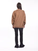 Buzo de cuello redondo y manga larga, color marrón, con estampado gráfico frontal en color lila que incluye texto y personajes animados.