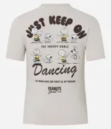 Remera new t-shirt de algodón color crema, con estampado en la espalda de Snoopy y Charlie Brown bailando, y la frase "Just Keep On Dancing" y "The Snoopy Dance".